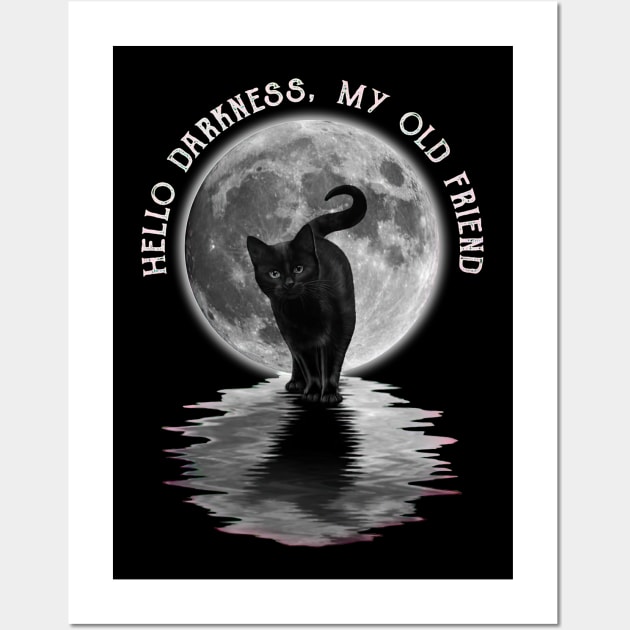 Black Cat Moon Halloween Hello Darkness My Old Friend Wall Art by Vintage White Rose Bouquets